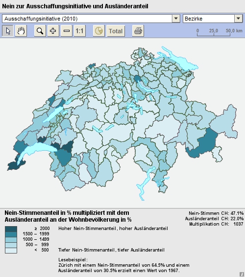 Nein-Stimmenanteil in % mal Ausländeranteil in % ergibt ?? Nein-Stimmenanteil in % mal Ausländeranteil in % ergibt ??