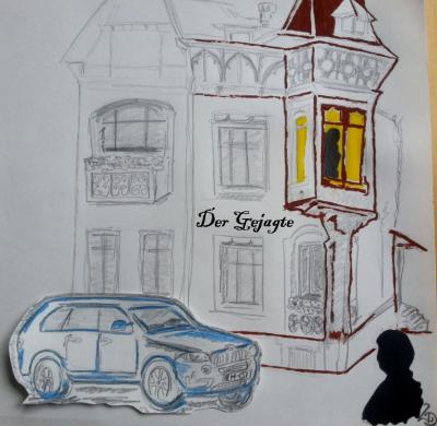 Diese Skizze wurde von mir gezeichnet als Schlüsselszene für den Krimi: Der Gejagte. Es zeigt eine Häuserfassade mit einem beleuchteten Fenster und einem Schatten darin.