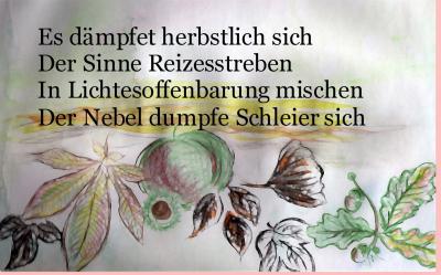 Wasserfarben und Buntstiftzeichnung Blätter eingefügter Wochenspruch