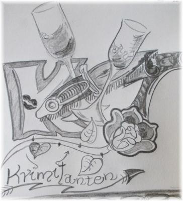 Gekreutzte Sektgläser, ein Dolch, eine Rose und die Schrift: Krimitanten