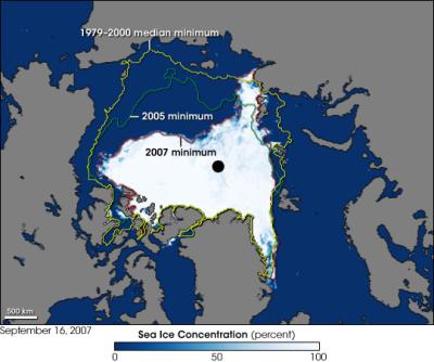 „Eis“
<br />
Minimale Eisausbreitung  im Sommer 2007 im Vergleich zum Jahr 2005 sowie zum langjährigen Mittel (Quelle: NASA)
<br />
