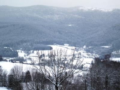 Noch einmal die Augen über das verschneite Tal und die Waldberge schweifen lassen