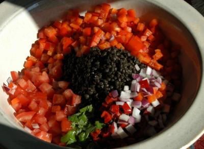 Die Zutaten für den Linsensalat, noch hübsch getrennt Die Zutaten für den Linsensalat, noch hübsch getrennt