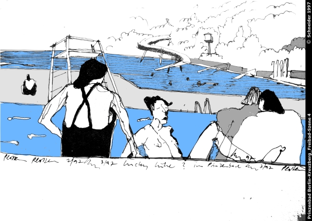 Prinzenbad Berlin- Freibad-Szene 4 -Zeichnung 1997- copyrights schneider berlin- 