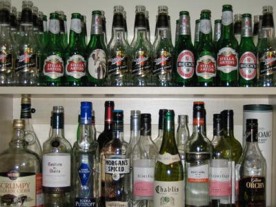 Leere Flaschen, Bier, Wein, Wodka, Cider und Whiskey