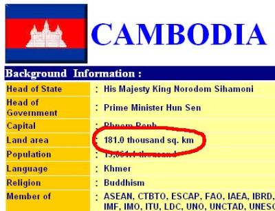 Flächenangabe Kambodschas auf der ASEAN Website