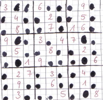 Dies ist ein Quiz. Aufgabe ist es, jede Zahl von 1 bis 9 in die Reihen einzufügen. Jede Zahl darf in jeder Reihe nur einmal vorkommen. Nachdem ich gesehen habe, wie eine Freundin von mir stundenlang darüber gebrütet hat, ist es doch füer euch genau das Richtige. 
<br />
Lösung kann bei mir erfragt werden. Viel spass. :-)